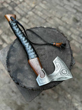 Load image into Gallery viewer, Viking Axe with Leather Wrapped Handle &amp; Engraved Head – JW SteelCrafts