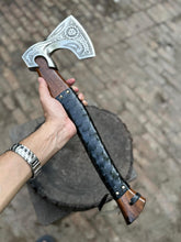 Load image into Gallery viewer, Viking Axe with Leather Wrapped Handle &amp; Engraved Head – JW SteelCrafts