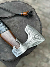 Load image into Gallery viewer, Viking Axe with Leather Wrapped Handle &amp; Engraved Head – JW SteelCrafts