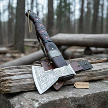 Load image into Gallery viewer, Viking Bearded Axe with Norse Engraved Blade and Leather Sheath