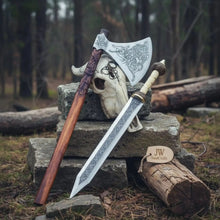 Load image into Gallery viewer, Custom Handmade Stainless Steel  Double Handed Viking axe set with Handmade Gladius piece