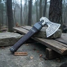 Load image into Gallery viewer, Engraved Norse Valknut Hatchet with Braided Leather Handle