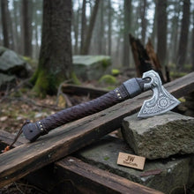 Load image into Gallery viewer, Engraved Norse Valknut Hatchet with Braided Leather Handle