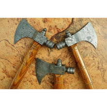 Load image into Gallery viewer, Viking Skeggøx Trio — Matching Short-Hafted Bearded Axes in Pattern-Welded Steel