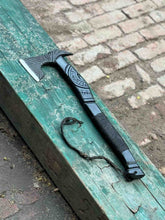 Load image into Gallery viewer, Viking-Style Hand-Carved Battle Axe | Blackened Wood Handle &amp; Leather Sheath