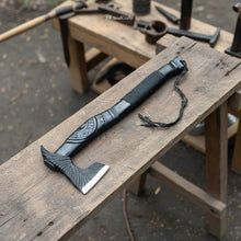 Load image into Gallery viewer, Viking-Style Hand-Carved Battle Axe | Blackened Wood Handle &amp; Leather Sheath