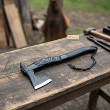 Load image into Gallery viewer, Viking-Style Hand-Carved Battle Axe | Blackened Wood Handle &amp; Leather Sheath