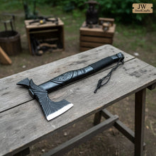 Load image into Gallery viewer, Viking-Style Hand-Carved Battle Axe | Blackened Wood Handle &amp; Leather Sheath