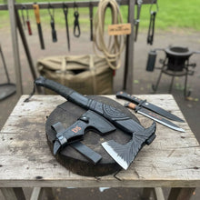 Load image into Gallery viewer, Viking-Style Hand-Carved Battle Axe | Blackened Wood Handle &amp; Leather Sheath