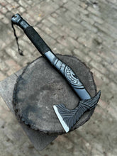 Load image into Gallery viewer, Viking-Style Hand-Carved Battle Axe | Blackened Wood Handle &amp; Leather Sheath