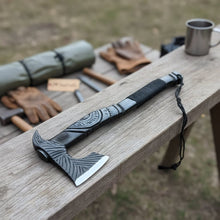 Load image into Gallery viewer, Viking-Style Hand-Carved Battle Axe | Blackened Wood Handle &amp; Leather Sheath