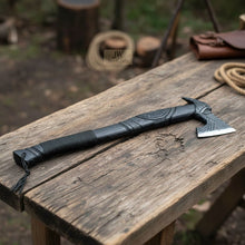Load image into Gallery viewer, Viking-Style Hand-Carved Battle Axe | Blackened Wood Handle &amp; Leather Sheath