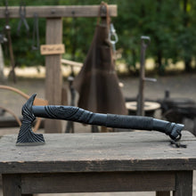 Load image into Gallery viewer, Viking-Style Hand-Carved Battle Axe | Blackened Wood Handle &amp; Leather Sheath