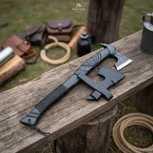 Load image into Gallery viewer, Viking-Style Hand-Carved Battle Axe | Blackened Wood Handle &amp; Leather Sheath