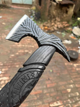 Load image into Gallery viewer, Viking-Style Hand-Carved Battle Axe | Blackened Wood Handle &amp; Leather Sheath