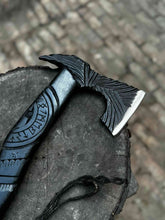 Load image into Gallery viewer, Viking-Style Hand-Carved Battle Axe | Blackened Wood Handle &amp; Leather Sheath
