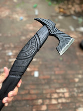 Load image into Gallery viewer, Viking-Style Hand-Carved Battle Axe | Blackened Wood Handle &amp; Leather Sheath