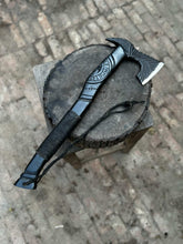 Load image into Gallery viewer, Viking-Style Hand-Carved Battle Axe | Blackened Wood Handle &amp; Leather Sheath