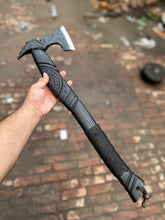 Load image into Gallery viewer, Viking-Style Hand-Carved Battle Axe | Blackened Wood Handle &amp; Leather Sheath
