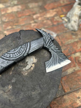 Load image into Gallery viewer, Viking-Style Hand-Carved Battle Axe | Blackened Wood Handle &amp; Leather Sheath