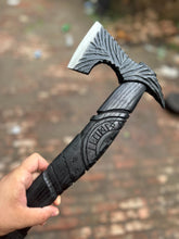 Load image into Gallery viewer, Viking-Style Hand-Carved Battle Axe | Blackened Wood Handle &amp; Leather Sheath