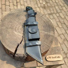 Load image into Gallery viewer, Handmade Damascus Tracker Knife 12” Sawback Blade Survival Knife Black resin Handle &amp; Sheath