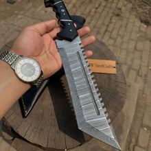 Load image into Gallery viewer, Handmade Damascus Tracker Knife 12” Sawback Blade Survival Knife Black resin Handle &amp; Sheath