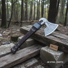 Load image into Gallery viewer, Engraved Norse Valknut Hatchet with Braided Leather Handle