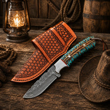 Load image into Gallery viewer, Western Belt Carry Knife – 4” Damascus Blade Pinecone Handle