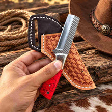 Load image into Gallery viewer, Custom Handmade Horse Rasp Stainless Steel 3-Inch Western Bull Cutter with Red Stone Handle &amp; Leather Sheath