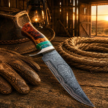 Load image into Gallery viewer, Copper Damascus Hunting Knife – Turquoise &amp; Resin Bowie