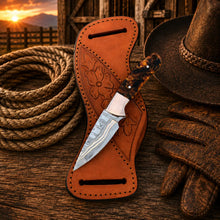 Load image into Gallery viewer, Copper Damascus Western Belt Knife – 3” Blade Epoxy Handle