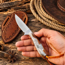 Load image into Gallery viewer, Handmade D2 Cowboy Belt Knife with Epoxy Resin Handle &amp; Western Leather Sheath