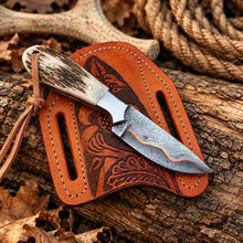 Load image into Gallery viewer, Small Handmade Damascus Cowboy Knife with Antler Handle, Copper Inlay &amp; Cross-Draw Leather Sheath
