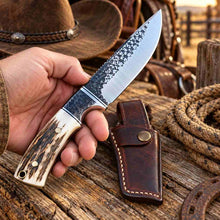 Load image into Gallery viewer, Handmade Rasp Steel Cowboy Knife with Elk Antler Handle, Stainless Bolsters &amp; Western Leather Sheath