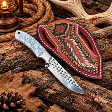 Load image into Gallery viewer, Handmade Horse Rasp Cowboy Skinner Knife with Stone Handle, Steel Bolster &amp; Cross-Draw Leather Sheath