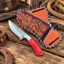 Load image into Gallery viewer, Handmade Horse Rasp Cowboy Skinner with Red Stone Handle &amp; Cross-Draw Sheath