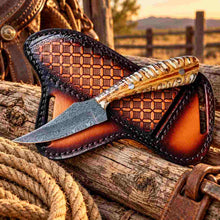 Load image into Gallery viewer, Handmade Damascus Ranch Cowboy Knife with White Pinecone Handle &amp; Western Leather Sheath