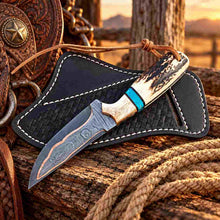 Load image into Gallery viewer, Handmade Copper Damascus Cowboy Knife with Stag Antler, Turquoise Handle &amp; Red Copper Bolsters