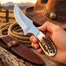 Load image into Gallery viewer, Handmade Damascus Bull Cutter Knife with Camel Bone Handle &amp; Western Leather Sheath