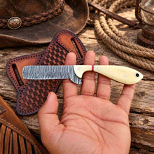 Load image into Gallery viewer, Handmade Damascus Bull Cutter Knife with Camel Bone Handle &amp; Western Leather Sheath