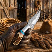 Load image into Gallery viewer, Western Ranch Knife – 3.5” Rasp Blade Antler Handle &amp; Pancake Leather Sheath