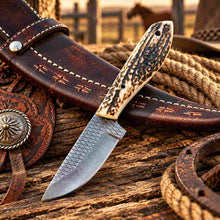 Load image into Gallery viewer, Handmade Rasp Steel Cowboy Skinner Knife with Natural Antler Handle &amp; Western Leather Belt Sheath