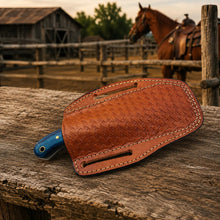 Load image into Gallery viewer, Westmere Damascus Cowboy Bull Cutter Knife – Pakkawood Handle &amp; Leather Sheath