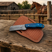 Load image into Gallery viewer, Westmere Damascus Cowboy Bull Cutter Knife – Pakkawood Handle &amp; Leather Sheath
