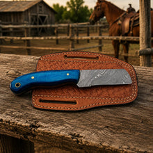 Load image into Gallery viewer, Westmere Damascus Cowboy Bull Cutter Knife – Pakkawood Handle &amp; Leather Sheath