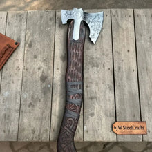 Load image into Gallery viewer, Handmade Viking Double-Bit Carbon Steel Axe with Norse Rune Etching and Engraved Hardwood Handle