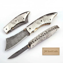 Load image into Gallery viewer, Hand Engraved Damascus Folding Knife with Skull Design &amp; Brass Liners – Collector Pocket Knife