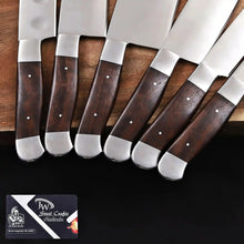 Load image into Gallery viewer, 6-Piece High Carbon Steel Kitchen Knife Set with Leather Roll — Olive Wood Handles, Steel Bolsters, 7 to 12 Inc
