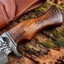 Load image into Gallery viewer, Handmade Damascus Hunting Knife with Wooden Handle and Leather Sheath